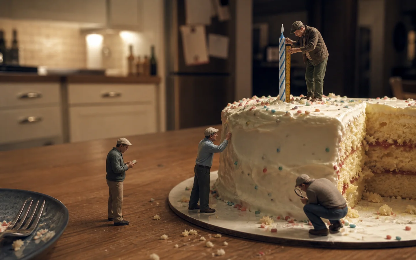 Tiny cake inspectors photographed at work on a real birthday cake