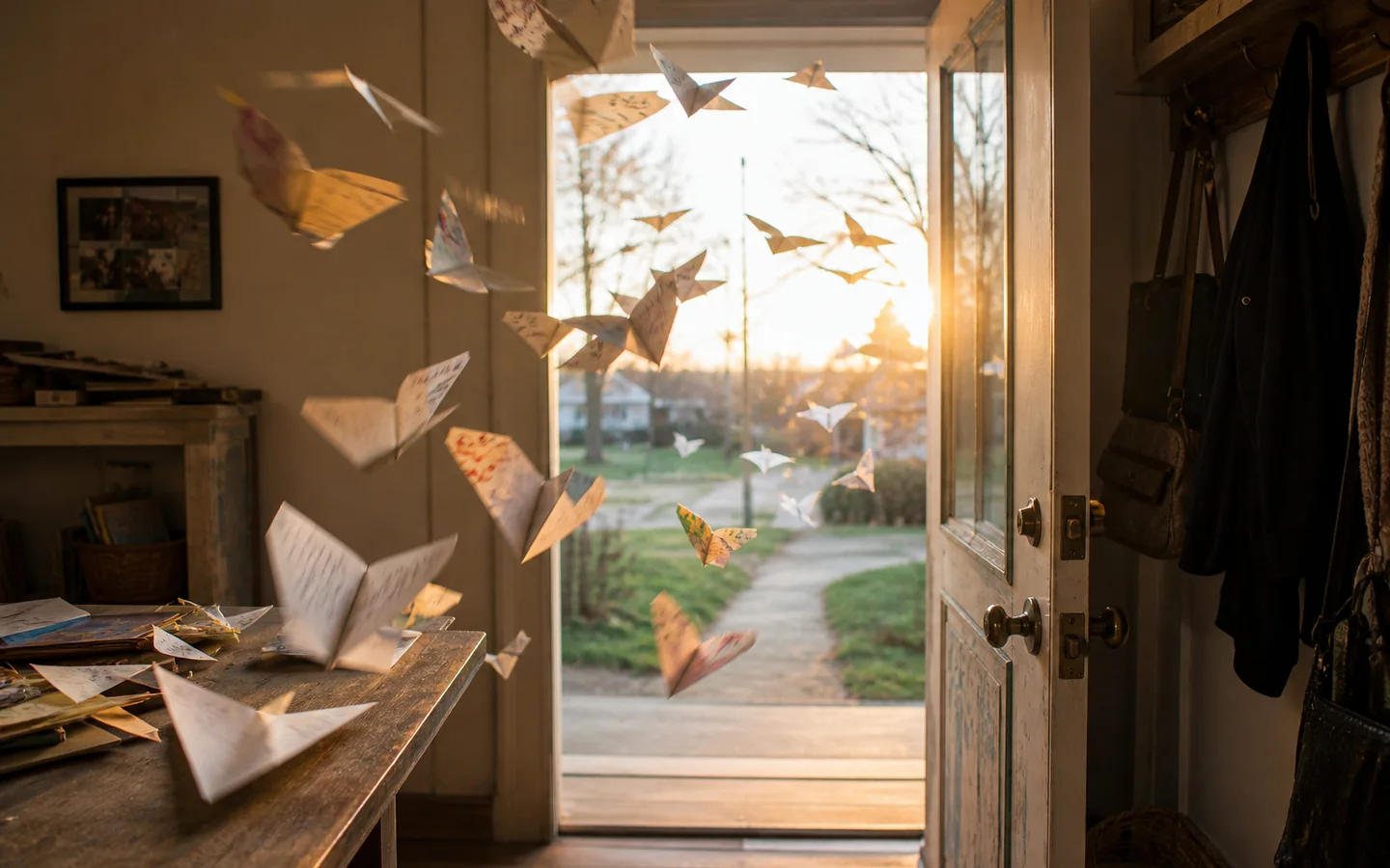 Paper birds made from family notes lifting through an open doorway